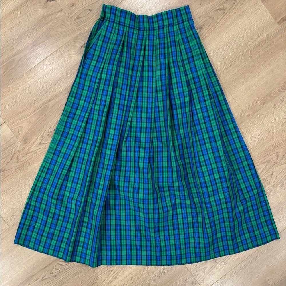 VTG MIDI Skirt Womens Sz 4 Blur Green Plaid Christmas Holiday Party
